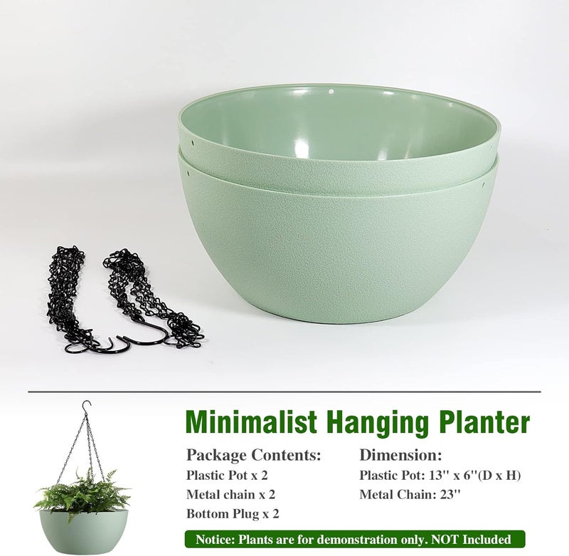 WOUSIWER 13 inch 2 Pack Large Hanging Planters for Indoor Outdoor Plants with Drainage Holes and Chain, Round Hanging Flower Pots for Garden Home Porch Decor, Green - Image 4